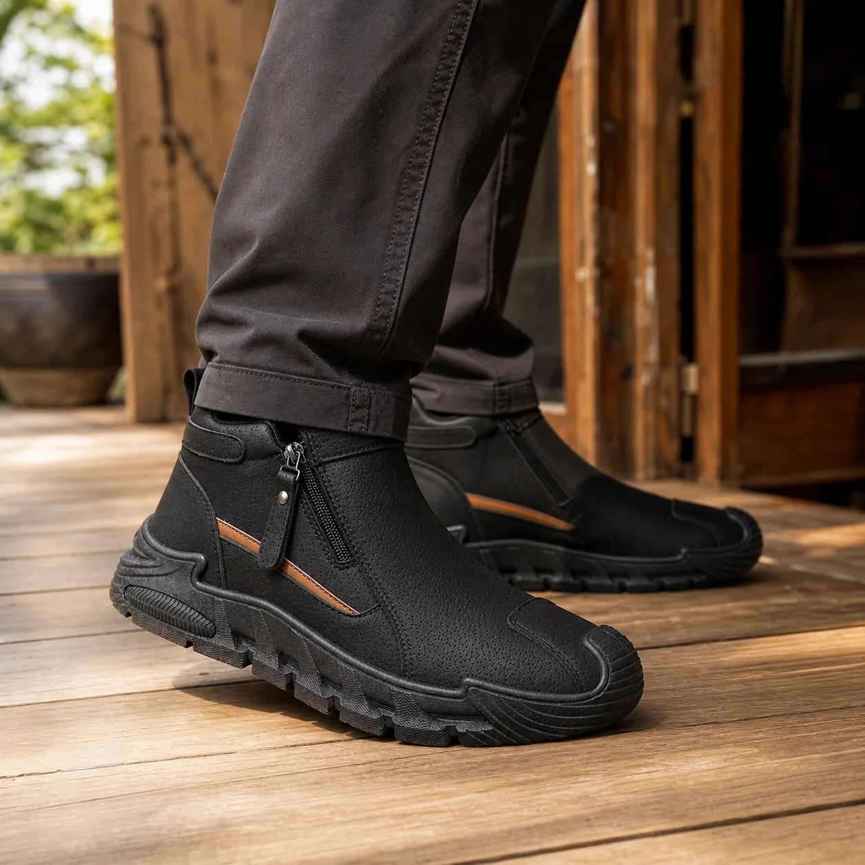 All Season Trail Shoes worn on wood deck
