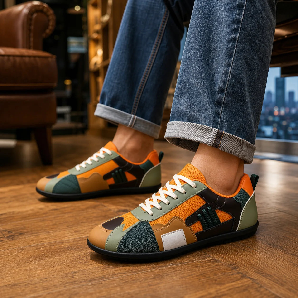 Colorblock Casual Sneakers worn with jeans on wood floor
