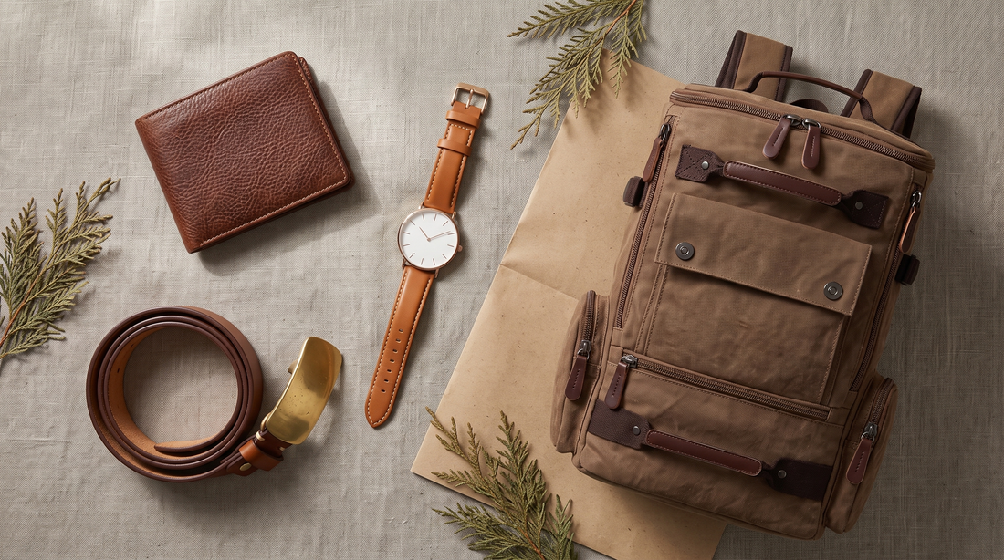 Gifts for men 2026: leather bifold wallet, rose-gold watch, plate buckle belt and canvas backpack from Grant & Pierce
