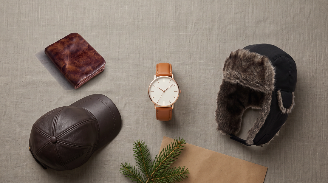 Gifts for men that don't need a size: a leather bifold wallet, rose-gold watch, leather baseball cap and trapper hat