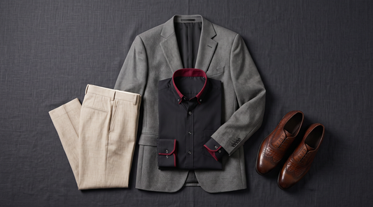 What to wear to a holiday party, men: grey notch lapel blazer, black contrast collar shirt, beige dress pants and brown croc-textured brogue oxfords