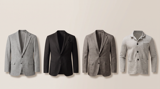 Four men's casual blazers from Grant & Pierce: grey smart casual, black notch lapel, grey textured sport coat and grey unstructured blazer
