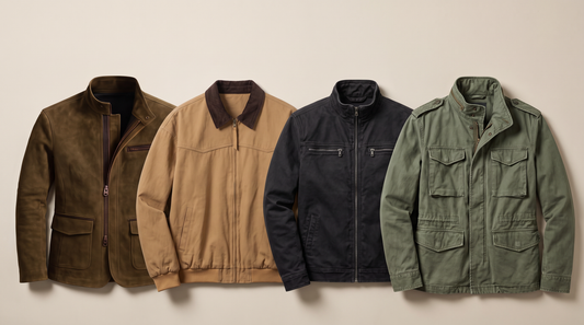 Four men's field jackets from Grant & Pierce: brown suede, tan corduroy collar, washed stand collar and green four flap pocket