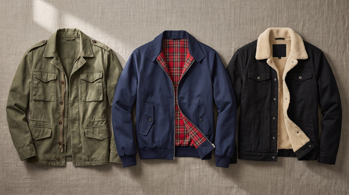 Three men's casual jackets from Grant & Pierce: a green field jacket, a navy harrington with tartan lining and a black sherpa lined trucker
