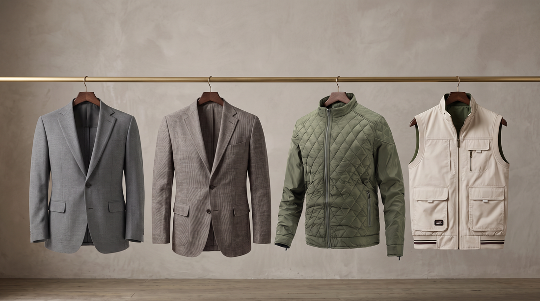 Big and tall sport coats and jackets from Grant & Pierce on a rail: grey smart casual blazer, textured sport coat, olive quilted bomber and beige utility vest