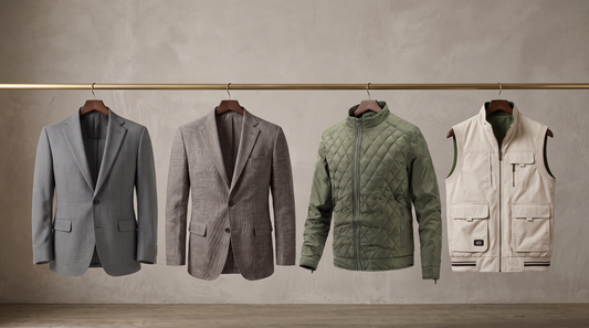 Big and tall sport coats and jackets from Grant & Pierce on a rail: grey smart casual blazer, textured sport coat, olive quilted bomber and beige utility vest