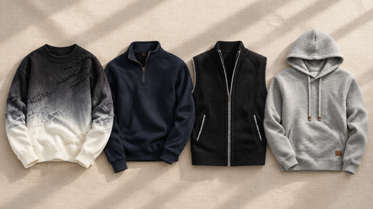 Men's knitwear new for fall 2026 at Grant & Pierce: gradient crewneck, quarter-zip, zip-up knit vest and waffle-knit hoodie