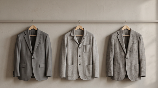 Three grey men's blazers on wooden hangers, showing how a men's blazer should fit at the shoulder