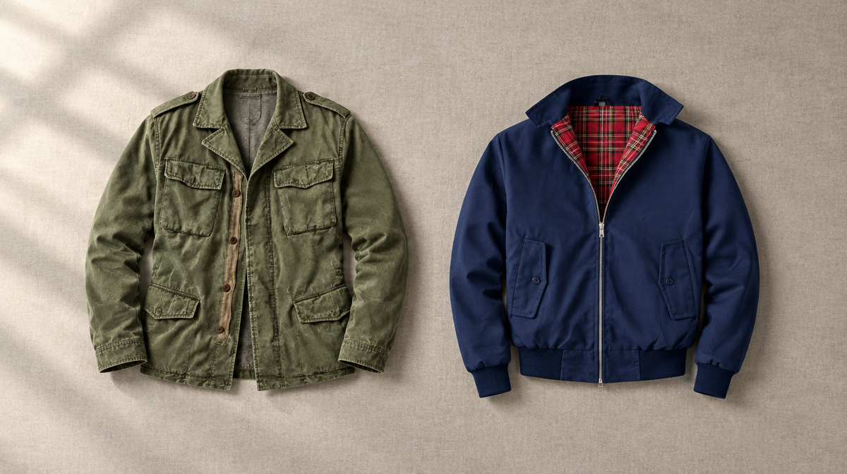Men's harrington jacket in navy beside a green field jacket with four flap pockets