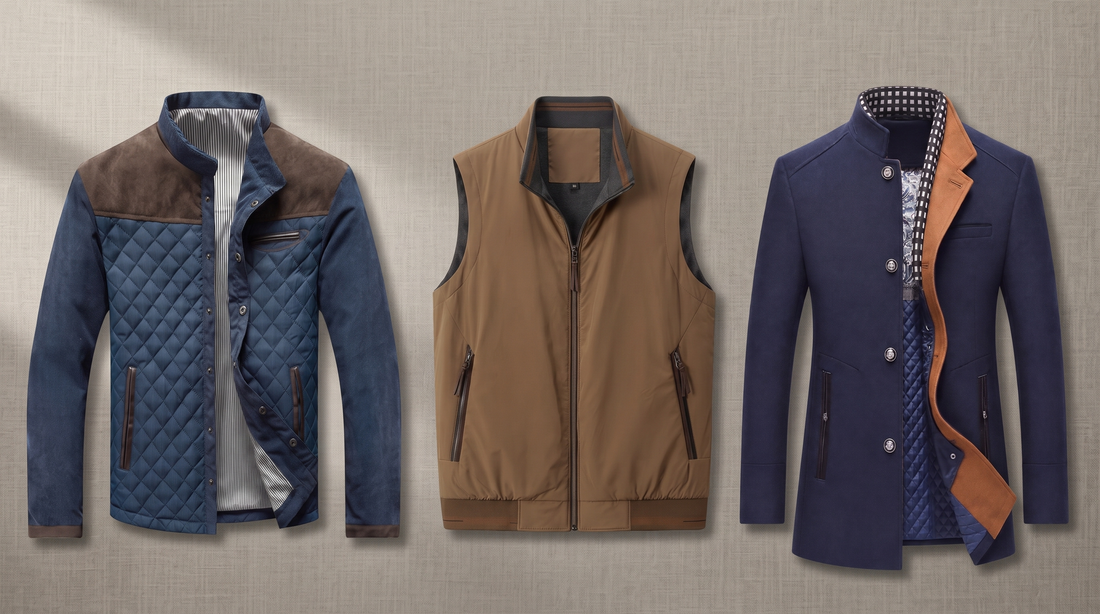 New men's quilted jacket, reversible quilted vest and quilt-lined mid-length coat from Grant & Pierce on a linen background