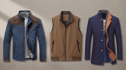 New men's quilted jacket, reversible quilted vest and quilt-lined mid-length coat from Grant & Pierce on a linen background