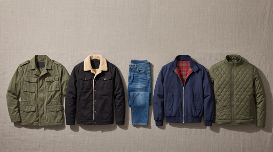 Men's casual jackets to wear with jeans: field, sherpa trucker, harrington and quilted bomber jackets beside jeans
