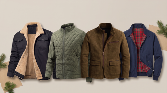 Jacket gift for men: a sherpa lined trucker, quilted bomber, suede field jacket and tartan lined Harrington laid out on stone