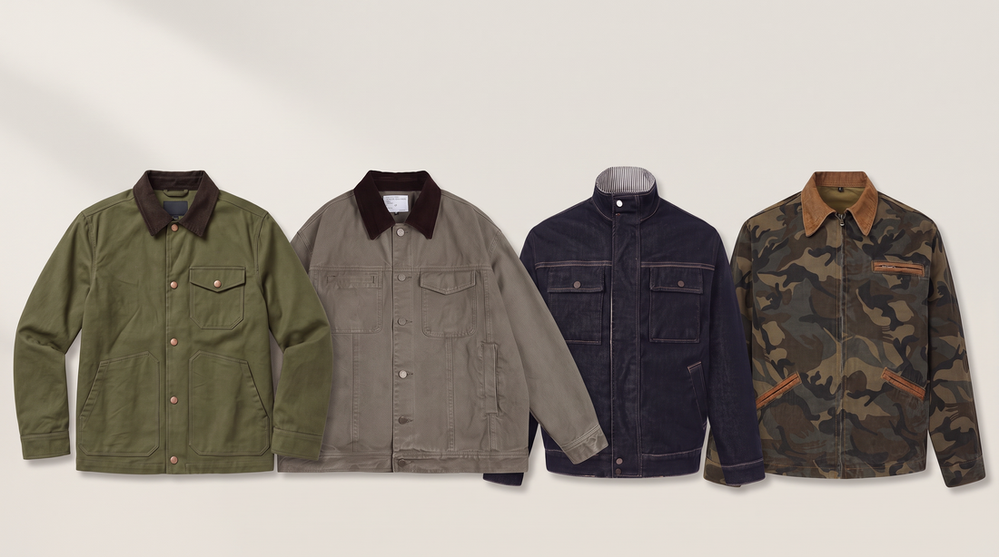 Four men's chore jackets from Grant & Pierce: army green snap front, cotton with corduroy-style collar, dark indigo denim and camo cotton canvas