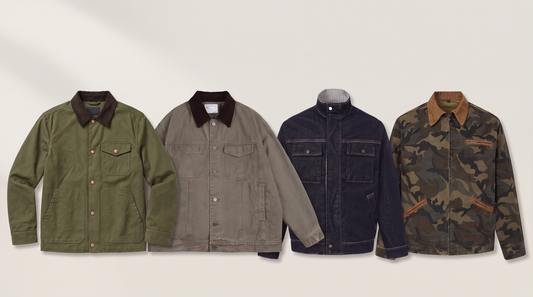 Four men's chore jackets from Grant & Pierce: army green snap front, cotton with corduroy-style collar, dark indigo denim and camo cotton canvas