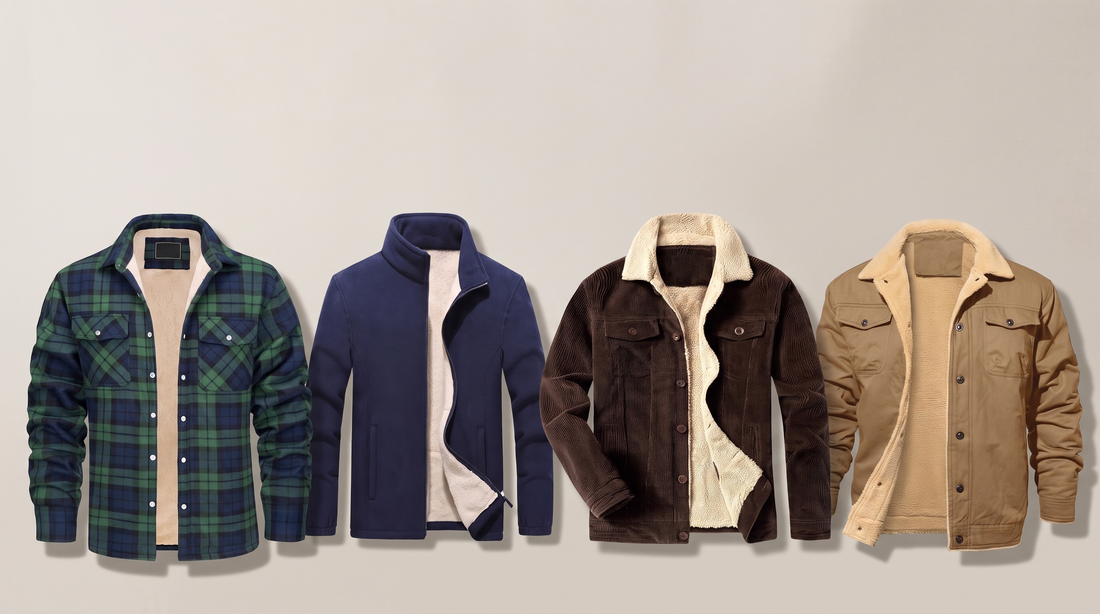 Four men's fleece lined jackets with sherpa and pile linings: a check flannel shirt jacket, a full-zip fleece, a corduroy trucker and a khaki pile-lined trucker