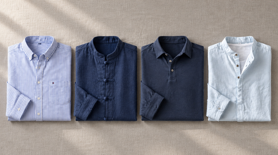 Men's long sleeve tops under $50 from Grant & Pierce: striped cotton shirt, mandarin collar shirt, long sleeve polo and band collar henley folded on linen