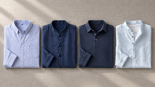 Men's long sleeve tops under $50 from Grant & Pierce: striped cotton shirt, mandarin collar shirt, long sleeve polo and band collar henley folded on linen