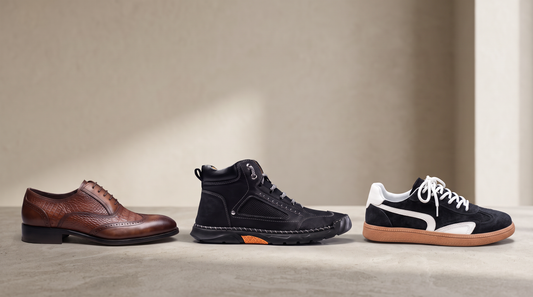 Men's shoes from Grant & Pierce: brown croc-textured brogue oxford, black leather hiking boot and black suede retro sneaker with gum sole