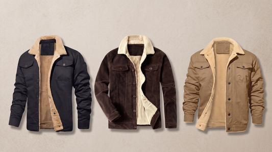 Three men's trucker jackets from Grant & Pierce: black sherpa lined twill, brown corduroy with sherpa collar and khaki pile lined