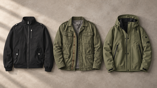 Three men's utility jackets from Grant & Pierce: a black stand-collar utility jacket, a green field jacket with four flap pockets and an army green hooded zip jacket