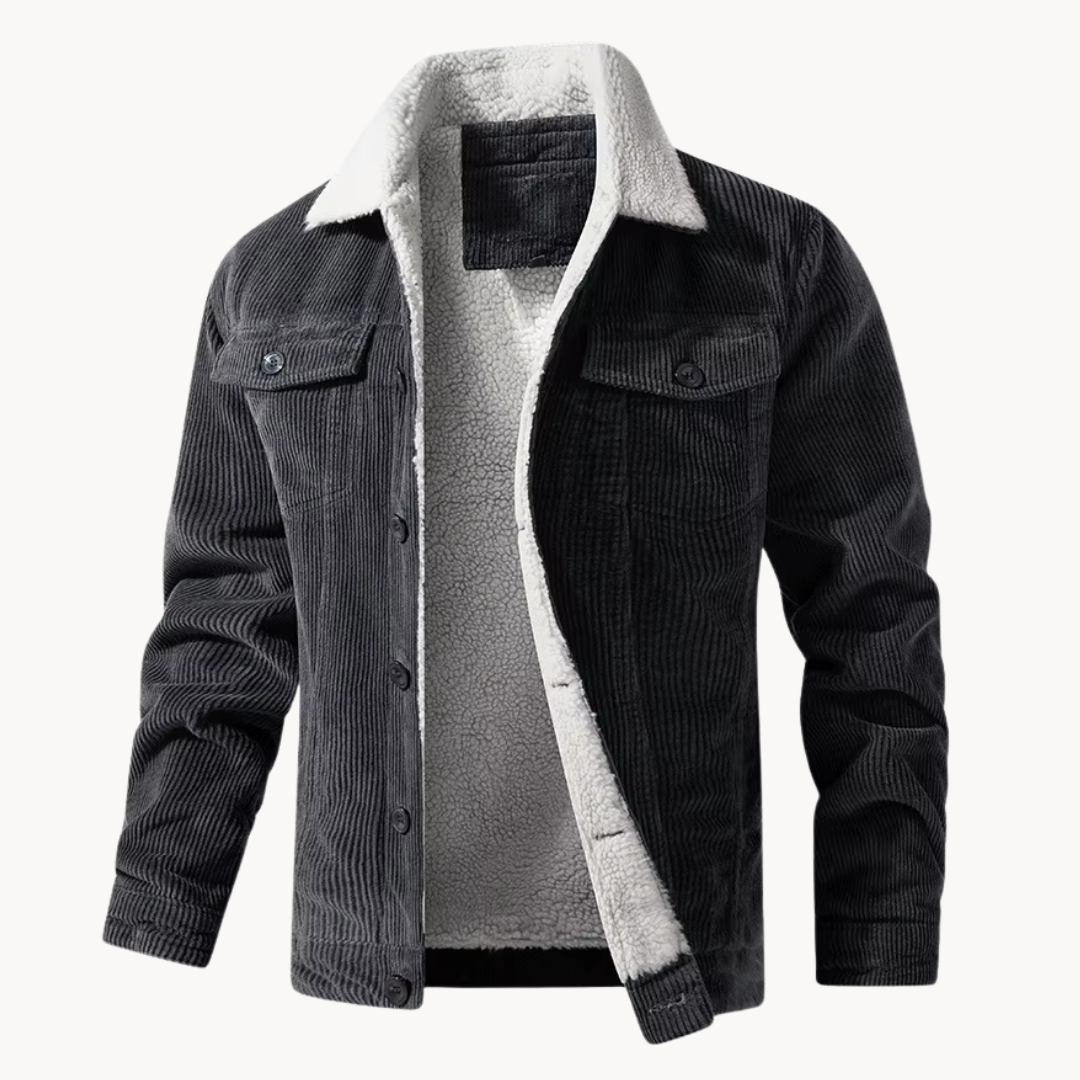 Radford corduroy trucker jacket in black and grey, open front