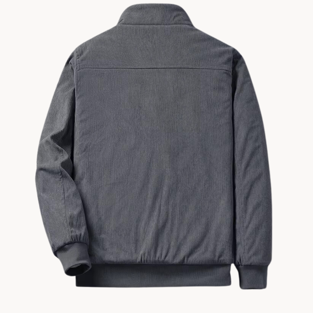 Tennant corduroy zip jacket in gray, back view