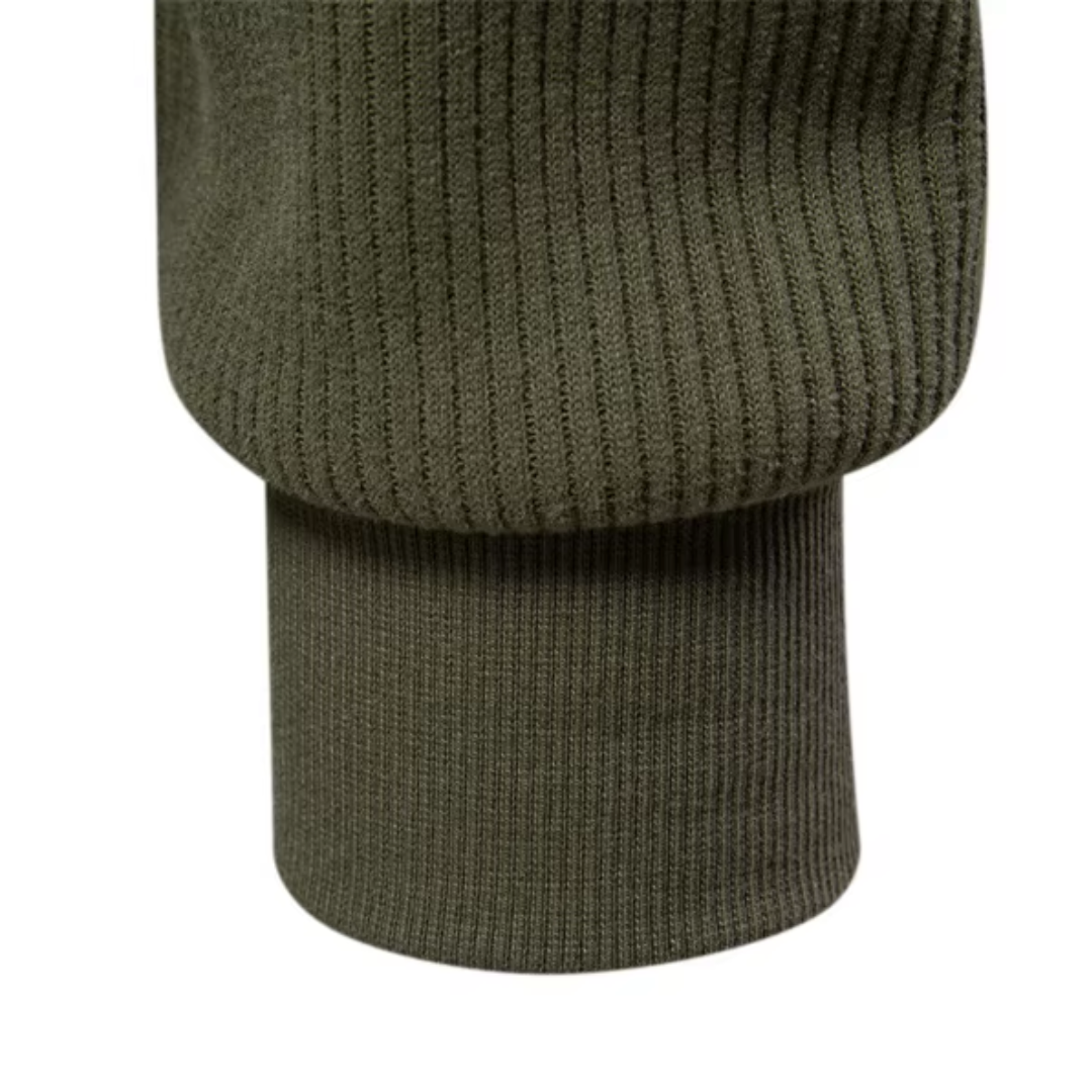 Close-up of the ribbed cuff on the green Alcott sweater