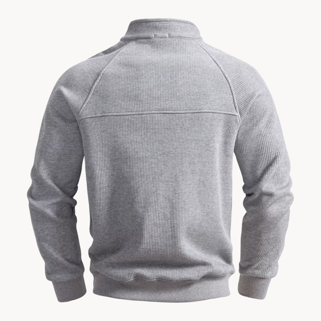 Grey Alcott quarter-zip sweater, back view