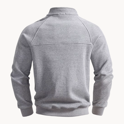 Grey Alcott quarter-zip sweater, back view