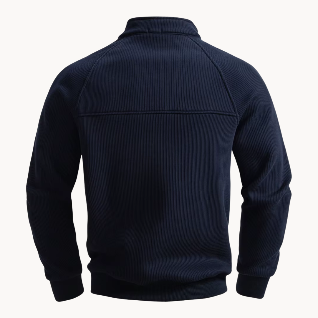 Navy Alcott quarter-zip sweater, back view with the raglan seam