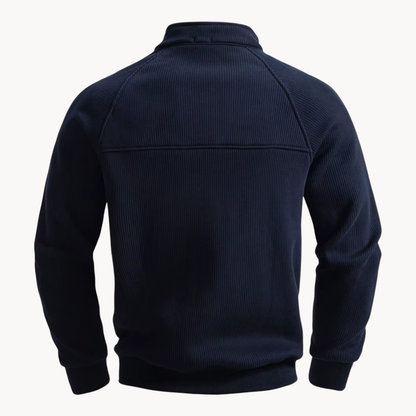 Navy Alcott quarter-zip sweater, back view with the raglan seam