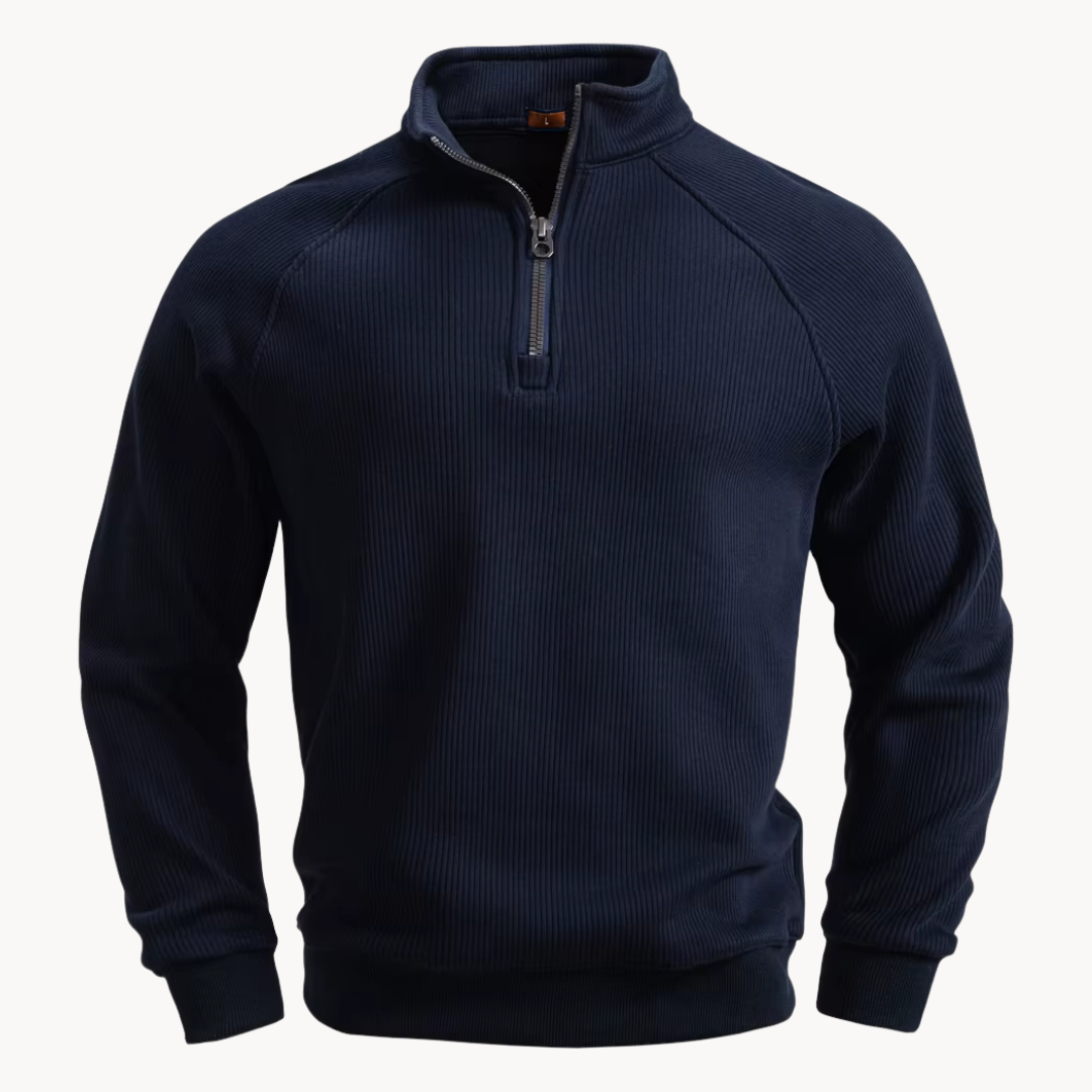Navy Alcott quarter-zip sweater, front view with the collar open