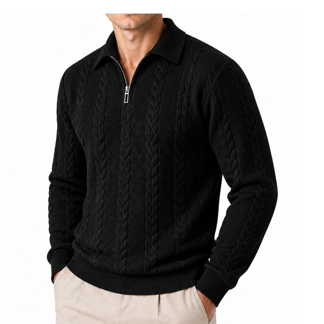 Alden cable knit quarter zip sweater angled in Black 2