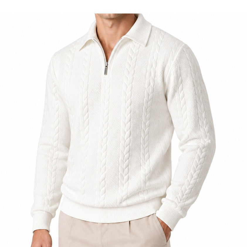 Alden cable knit quarter zip sweater angled in White 2