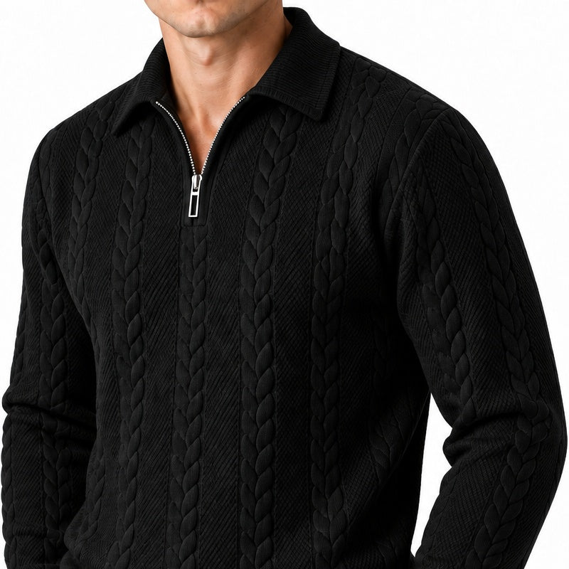 Alden cable knit quarter zip sweater collar detail in Black 3