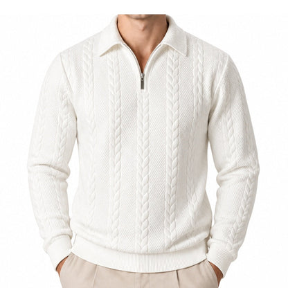 Alden cable knit quarter zip sweater front in White 1