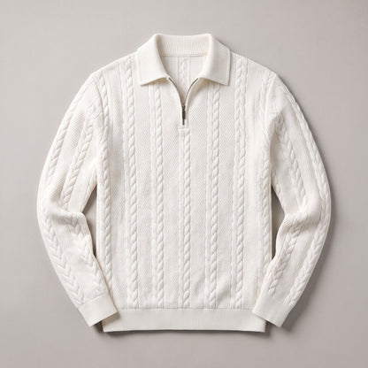 Alden cable knit quarter zip sweater hero flat lay in White 0