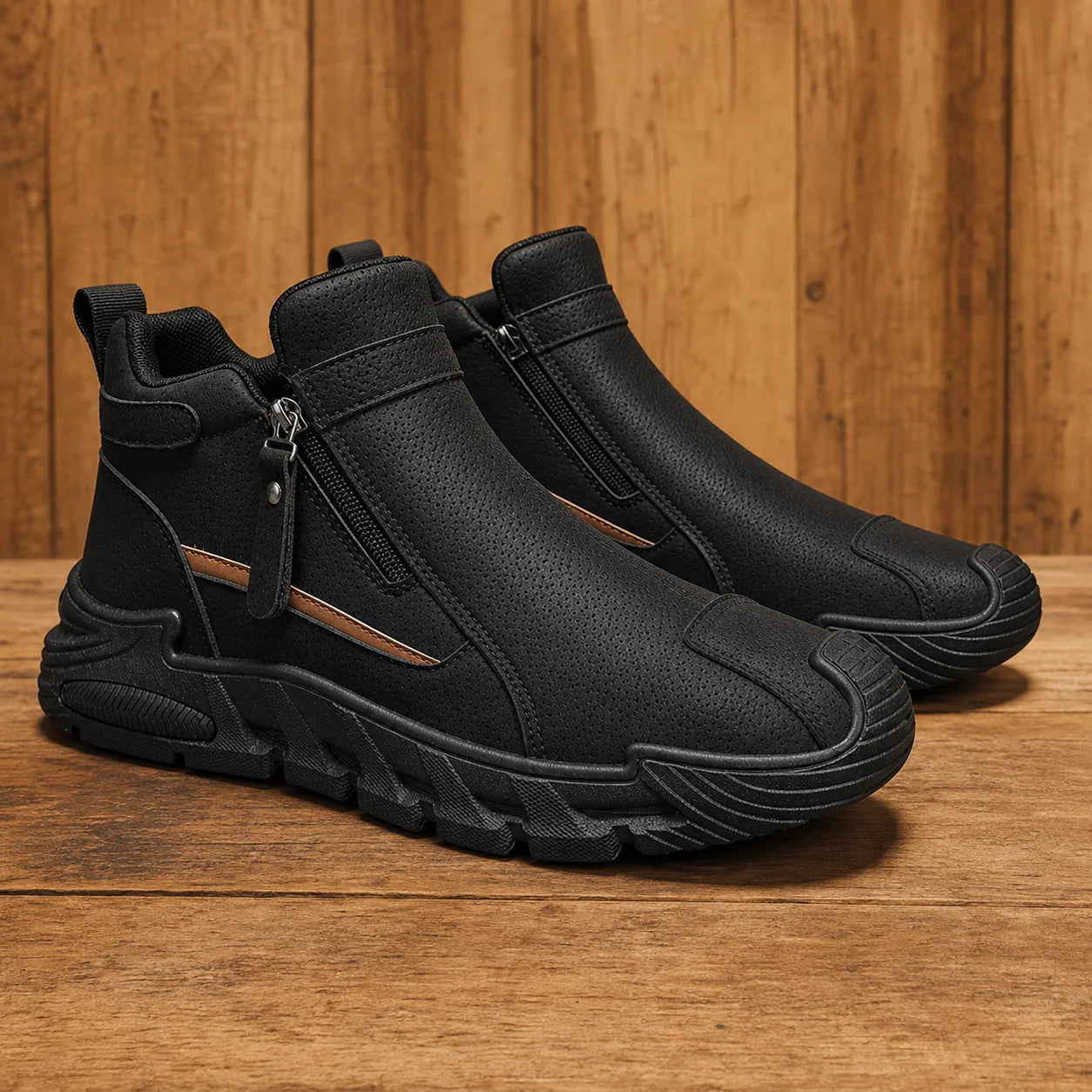 All Season Trail Shoes in black on warm wood background