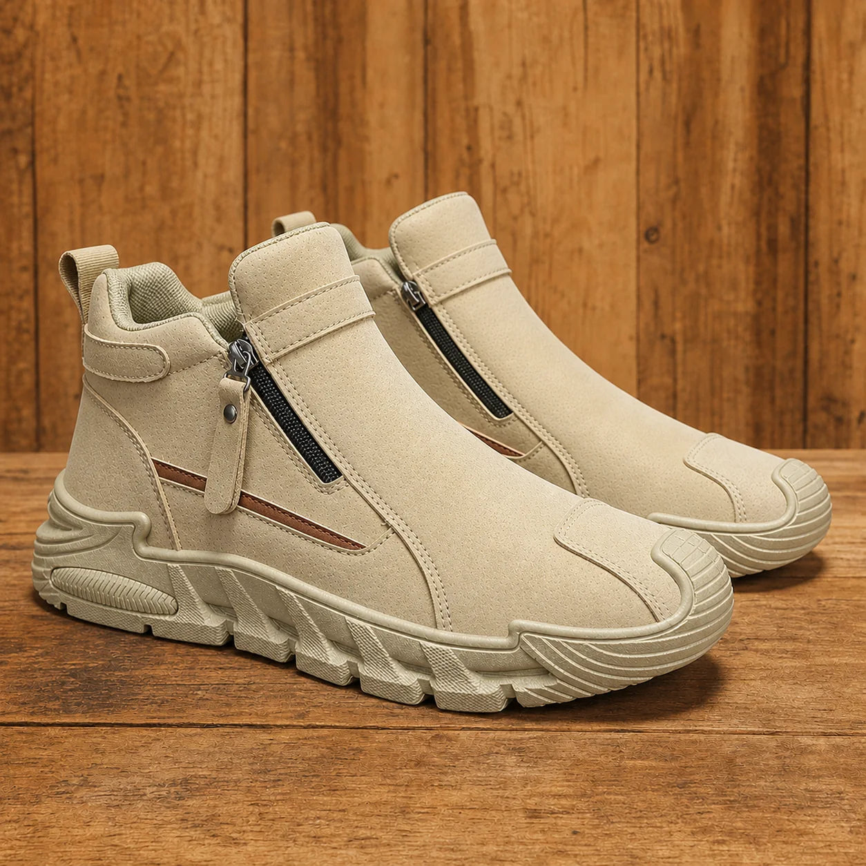 All Season Trail Shoes in khaki on warm wood background