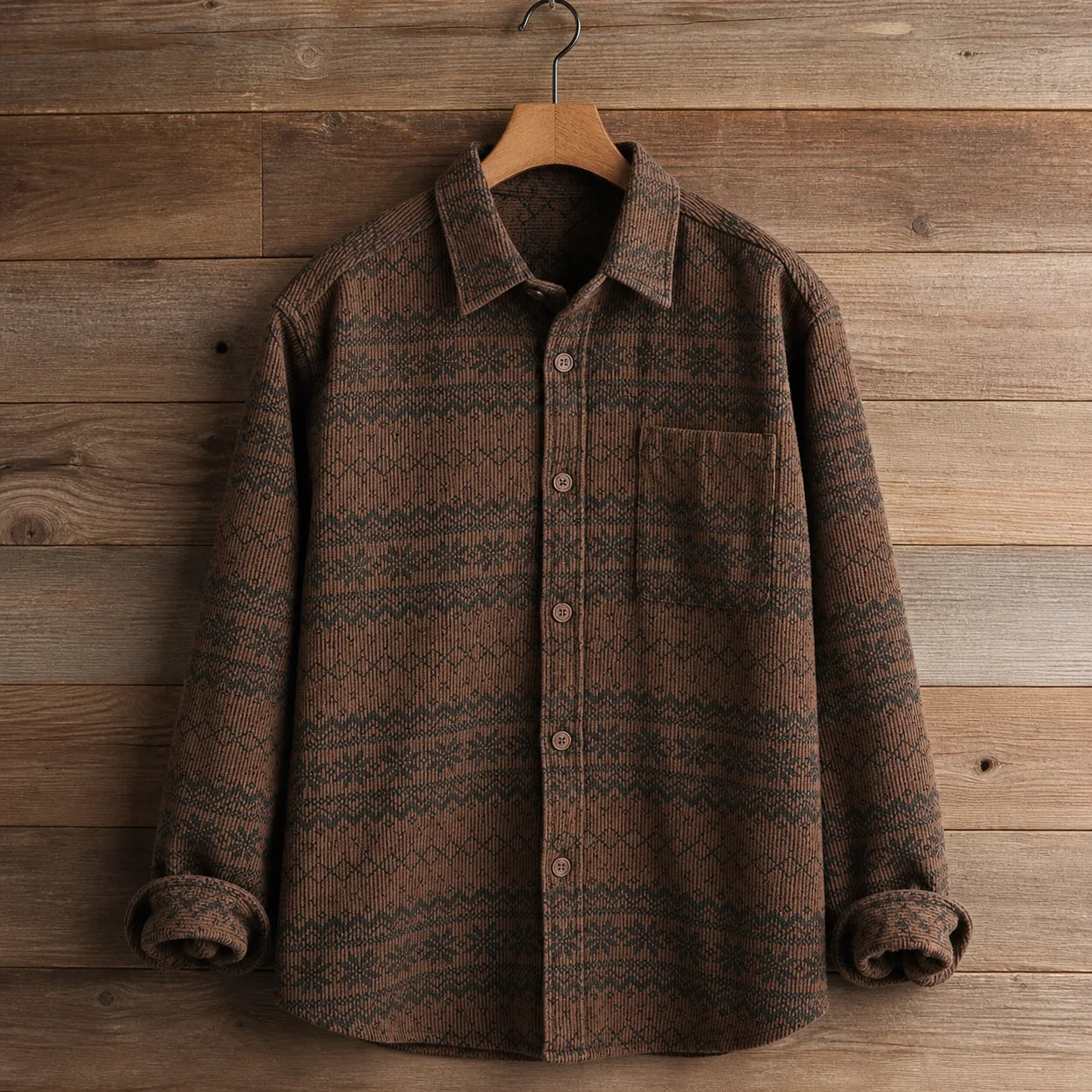 Alpine Weave Shirt in Brown long sleeve on wood hanger