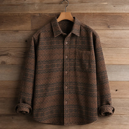 Alpine Weave Shirt in Brown long sleeve on wood hanger