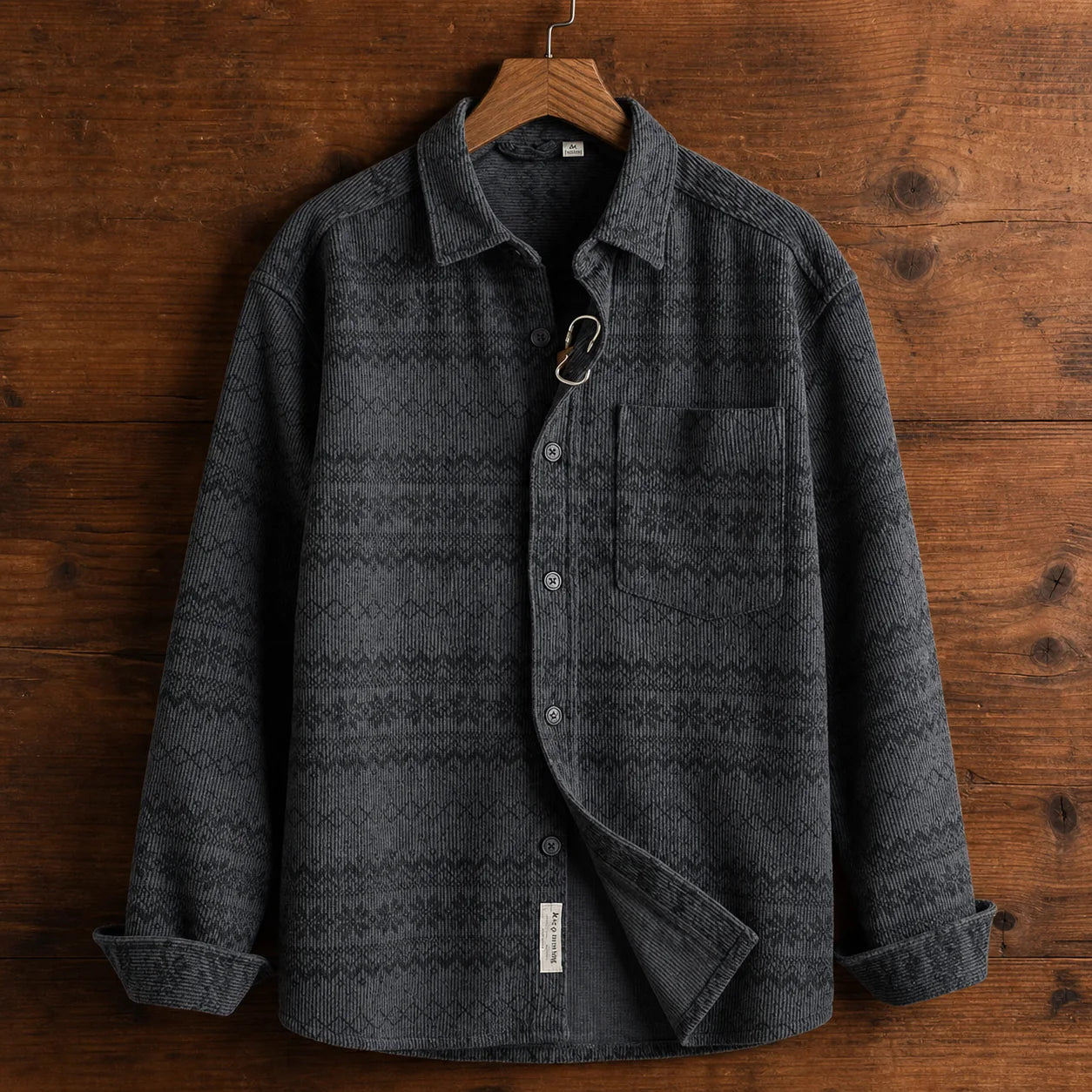 Alpine Weave Shirt in Gray long sleeve on wood hanger