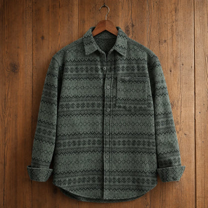 Alpine Weave Shirt in Green long sleeve on wood hanger