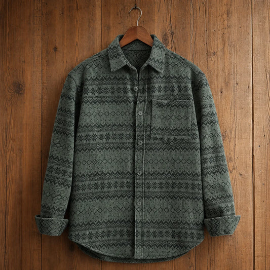 Alpine Weave Shirt in Green long sleeve on wood hanger