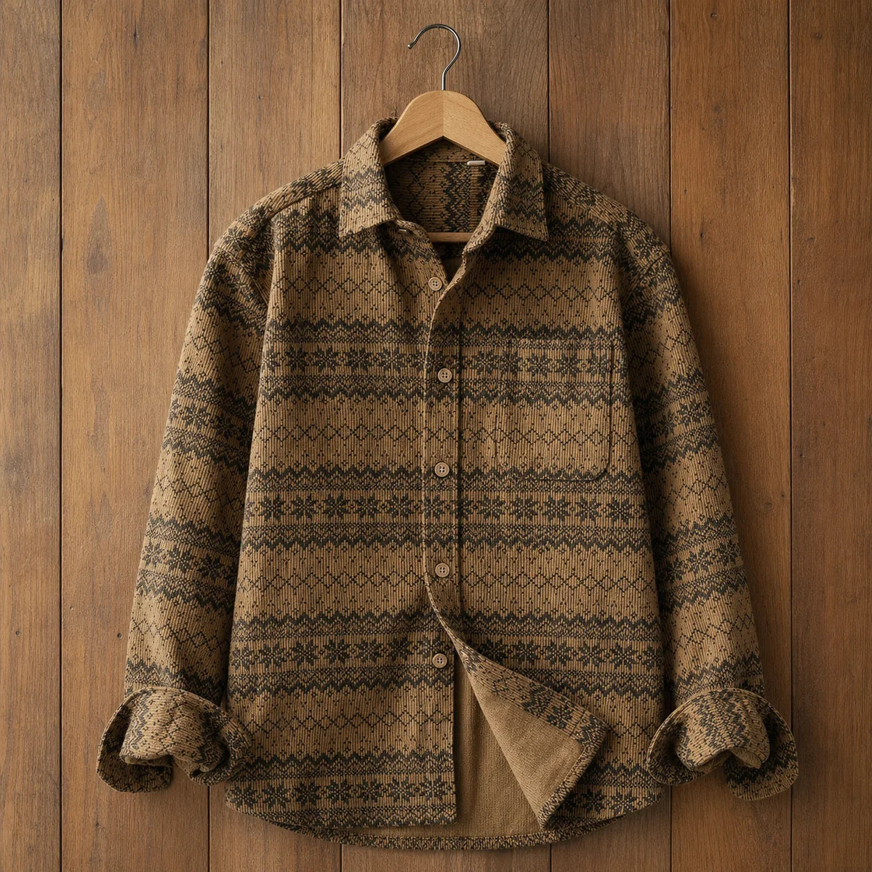 Alpine Weave Shirt in Saddle Brown long sleeve on wood hanger