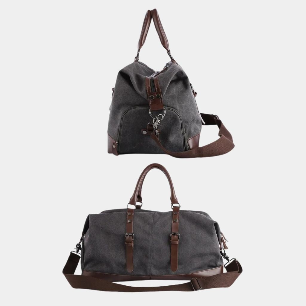 Ansel duffle bag in Gray shown from the front and the side