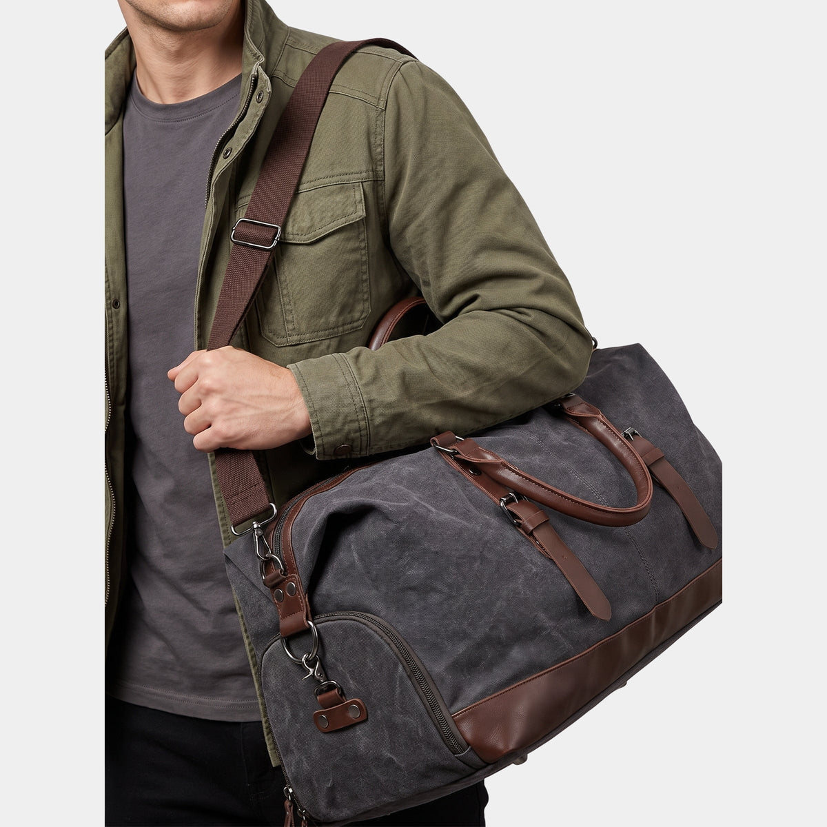 Ansel duffle bag carried on the shoulder