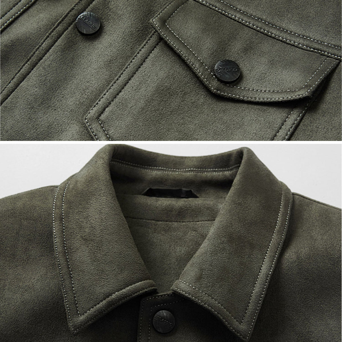 Ashby trucker jacket collar and chest flap close-up