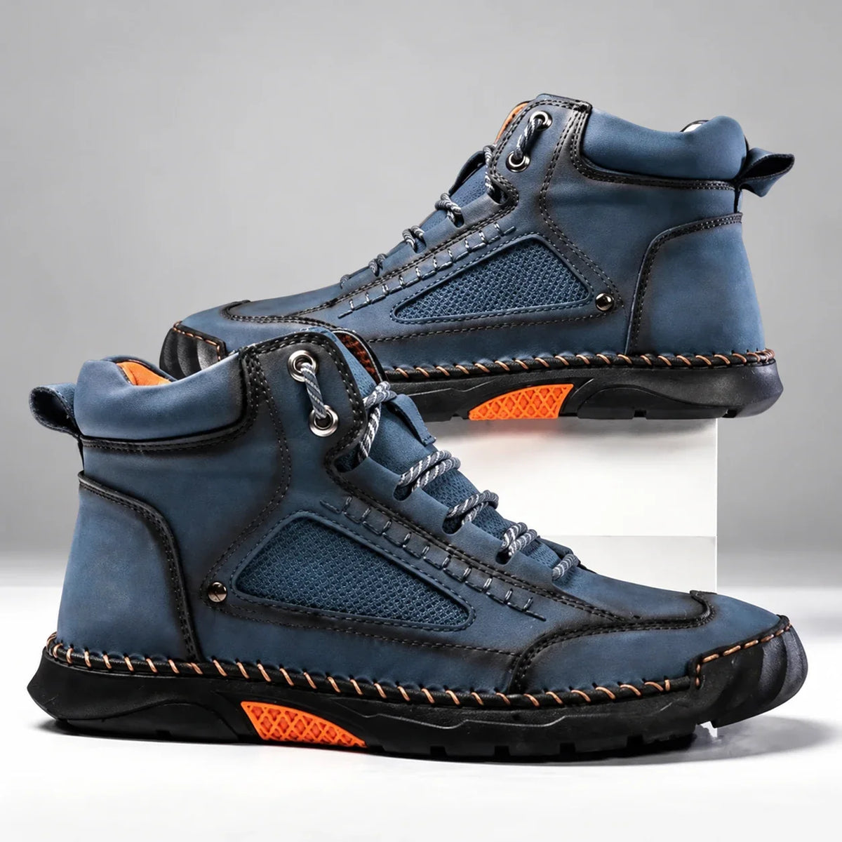 Bradshaw men's hiking boots in blue, side view of pair on a light studio background